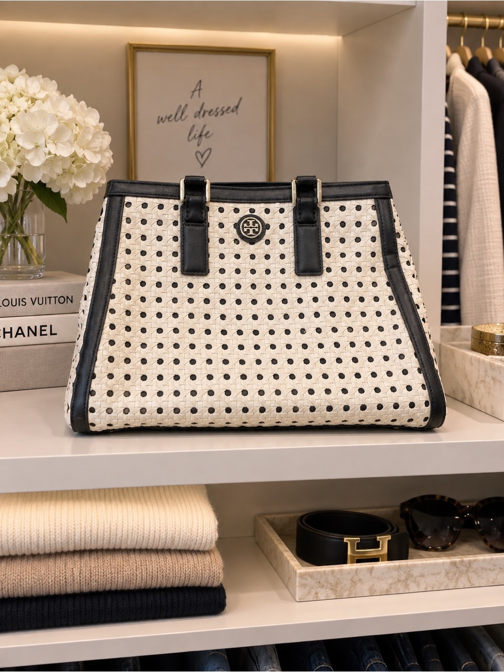 Tory Burch White Perforated Woven Tote with Black Trim